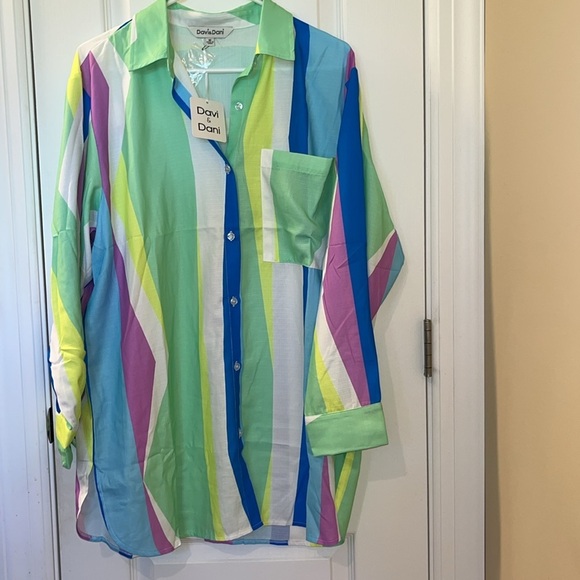 🆕 Davi & Dani Women's Multicolor Striped Long Sleeve Oversized Blouse Size M - Picture 11 of 11